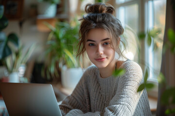 tech savvy girl using her laptop to engage in e learning or efficiently work remotely from her home office