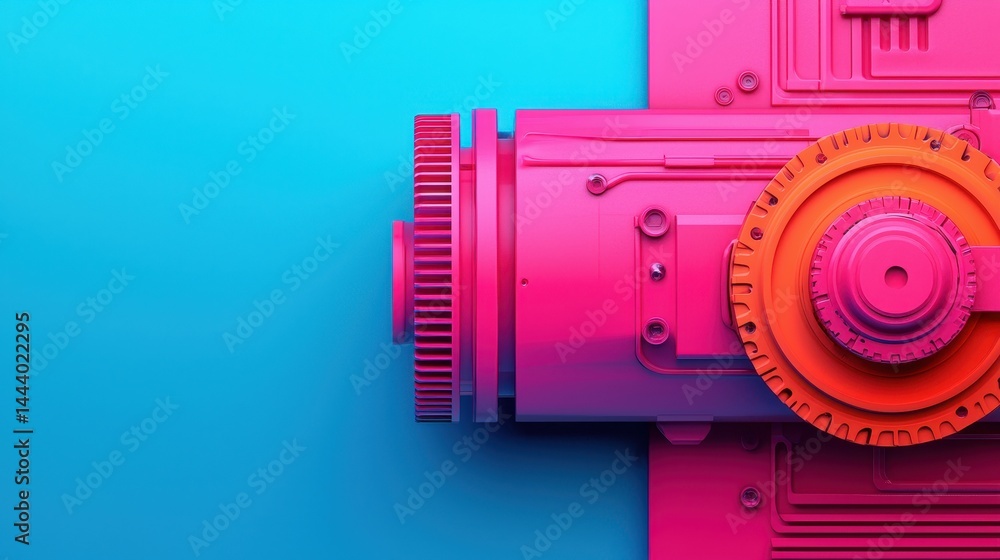 Poster vibrant mechanical structure with neon colors and abstract design elements on a blue background
