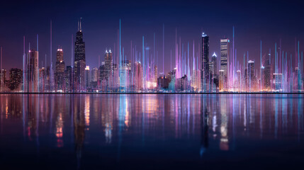 Obraz premium Futuristic city skyline reflected in water, vibrant digital lines emanating from buildings at night