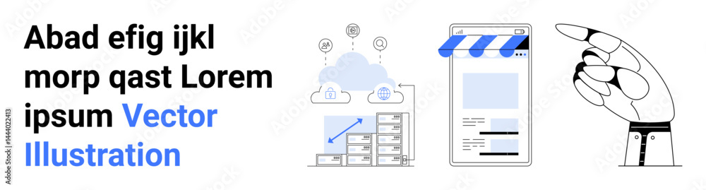 Poster cloud computing with data storage, mobile e-commerce interface, robotic hand illustration. ideal for