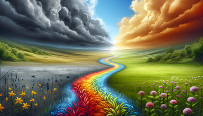 Surreal Landscape of Contrasting Environments with a Multicolored River