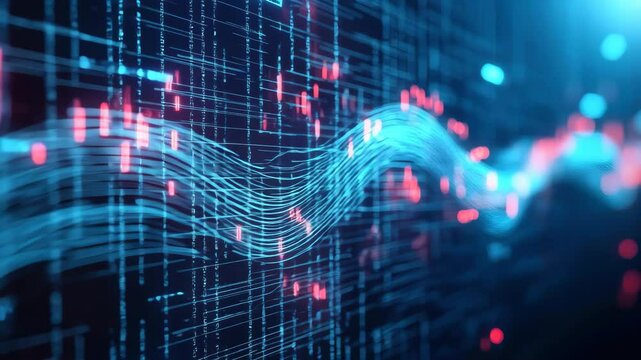 Futuristic digital data wave with glowing blue and red lines, abstract technology background, dynamic financial graph, cyber network, and innovative virtual interface, representing analytics