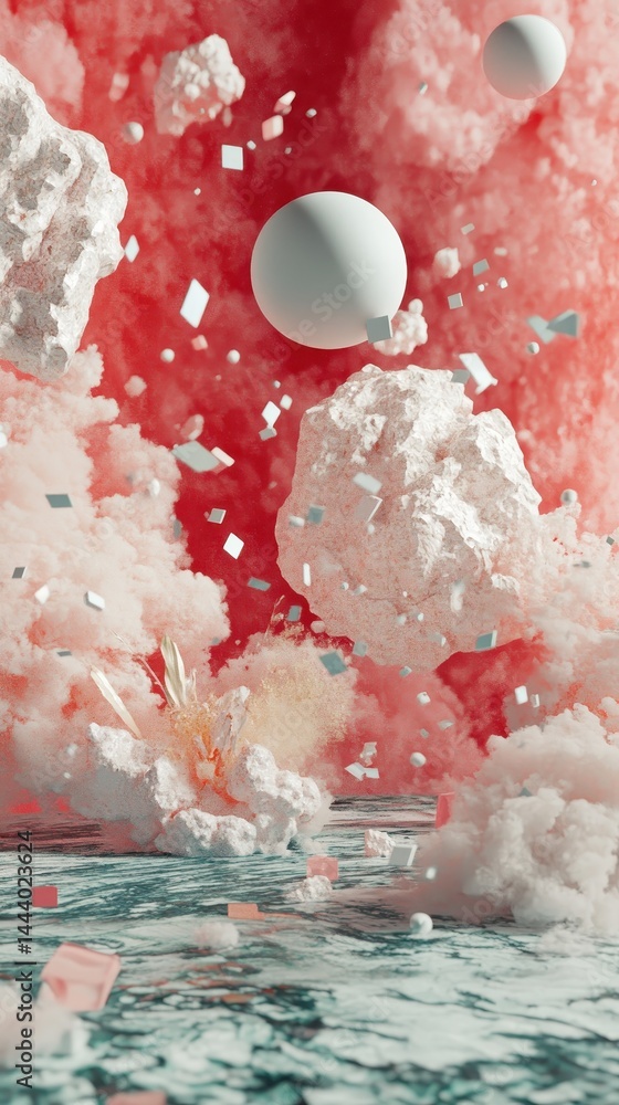 Poster abstract explosion of soft, ethereal clouds and geometric forms.