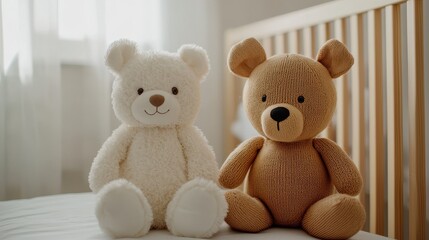 Cute and Cozy Stuffed Bears Sitting on White Bed in Soft Room Setting with Natural Light