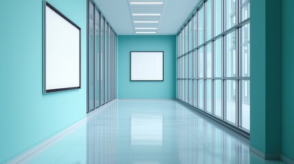 Obraz premium Modern Art Gallery Interior with Turquoise Walls and Empty Frames in Bright Natural Light