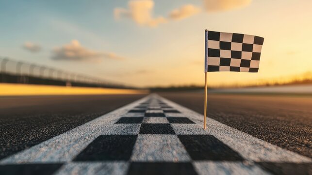 Checkered Flag at a Racing Track with Sunset Sky in Background Highlighting Excitement of Motorsports