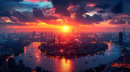 Vibrant sunset over a city skyline reflected in a river.