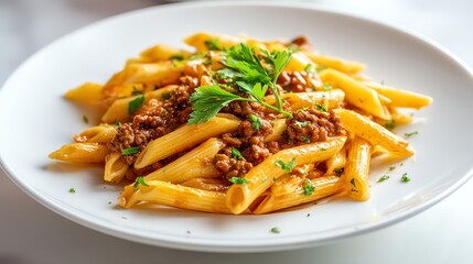 A mouthwatering plate of penne pasta with rich Bolognese sauce, perfectly styled on a white plate. High-resolution food photography with vibrant colors and sharp details, ideal for ads and culinary co