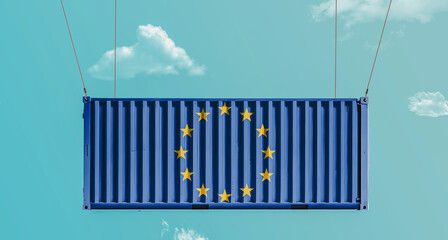 European union (eu) flag cargo shipping container hanging in the sky. concept of business and trade of eu