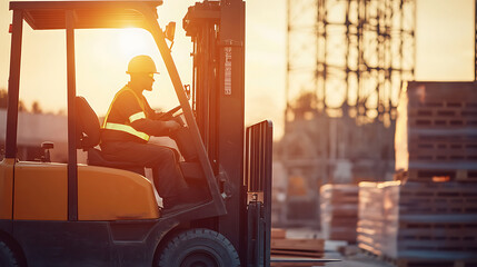 Worker Operating Forklift at Construction Site