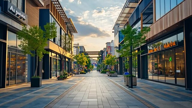 Bustling Urban Street with Modern Architecture and Lush Greenery at Sunset