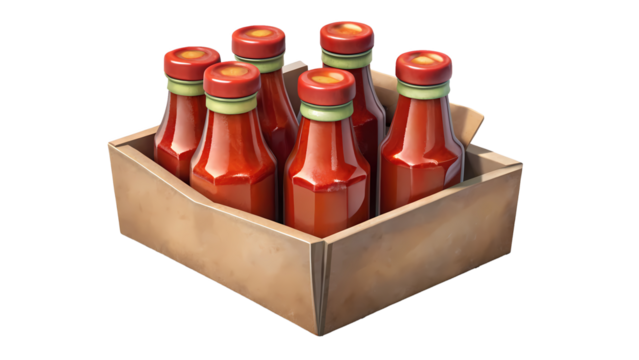 A Crate of Cartoon Ketchup Bottles Ready for some Tasty Virtual Burgers - Powered by Adobe