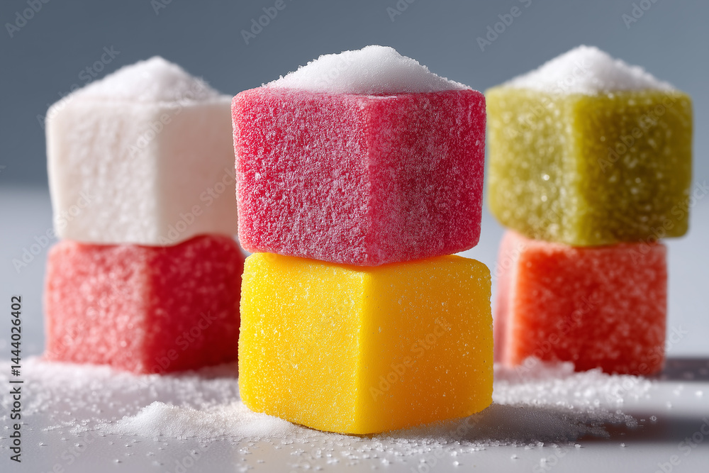 Poster colorful sugar cubes arranged in a creative stack with a light dusting of sugar. simple minimalist s