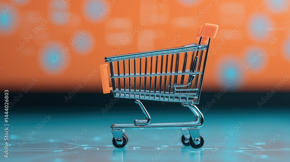 Poster modern shopping cart in front of bright orange background with digital elements highlighting e-comme