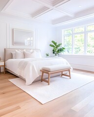 Bright, airy bedroom with white bedding, light wood floors, and large windows  A beige bench sits at the foot of the bed
