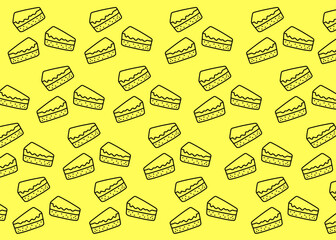 A cake illustration pattern with yellow background, food packaging, menu illustration hand drawn print ads, food business, bake shop