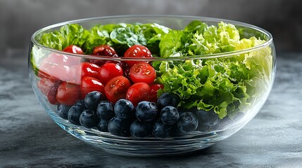 Fresh salad with blueberries, cherry tomatoes, and lettuce in a glass bowl.