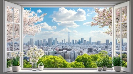 Tokyo skyline view from a high window with symmetrical framing and pastel sky