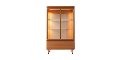 Elegant wooden display cabinet with glass shelves and built in lighting system