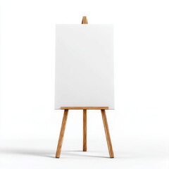 Blank vertical menu board on wooden stand is isolated against white background, ready for customization. simple design offers clean slate for creative ideas
