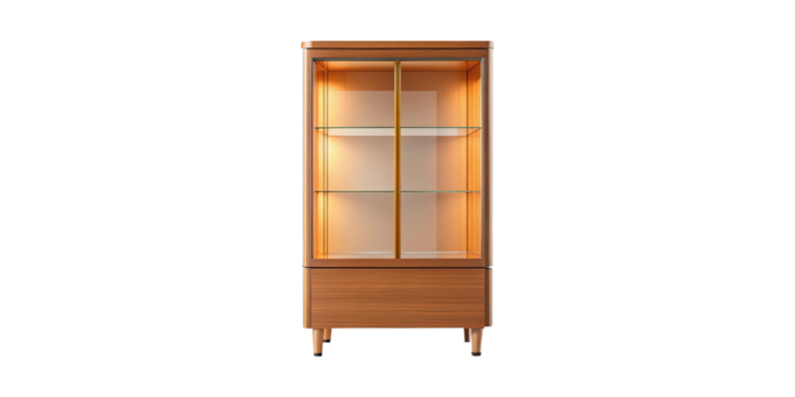 Elegant wooden display cabinet with glass shelves and built in lighting system