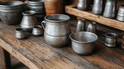 Antique Metal Kitchenware Displayed on Wooden Table with Various Sizes and Designs of Vintage Utensils and Containers