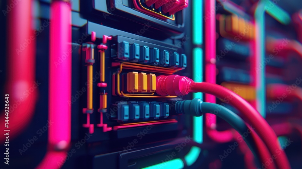 Poster high-tech abstract circuit board with colorful connectors and neon lighting in a futuristic setting