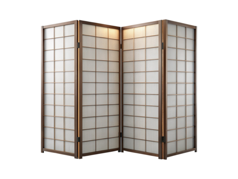 Elegant four panel room divider screen with a traditional shoji paper design
