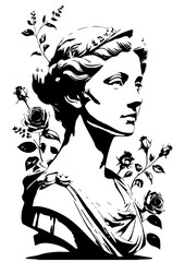 Classical Woman Bust with Roses – Black and White Stencil Illustration