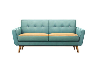 Fototapeta premium Elegant turquoise loveseat with button tufting and wood legs on white backdrop
