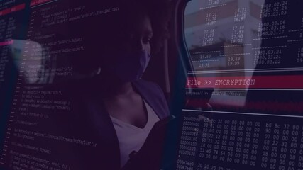 woman wearing mask using smartphone by train window showing technology code and encryption data - Powered by Adobe
