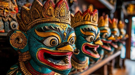 Fototapeta premium Colorful carved wooden masks in a row.