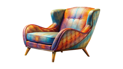 A vibrantly colored and uniquely designed armchair against a pure white background