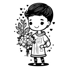 Charming vector illustration of a boy with a floral bouquet, perfect for design