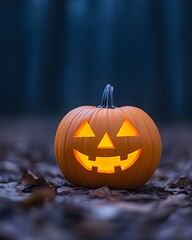 Illuminated jack-o'-lantern rests on autumn leaves in a dark forest