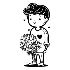 Charming monochrome illustration of a boy with a bouquet, radiating affection