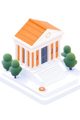 Isometric illustration of a classical-style bank building situated on a smartphone screen, suggesting mobile banking accessibility