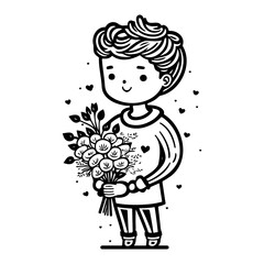 Charming monochrome illustration: A boy with flowers and hearts, perfect for love themed concepts