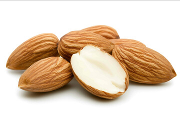 A closeup view of raw almonds on a white background featuring a mix of whole almonds and sliced ones revealing their creamy white interior The almonds have a natural brown textured