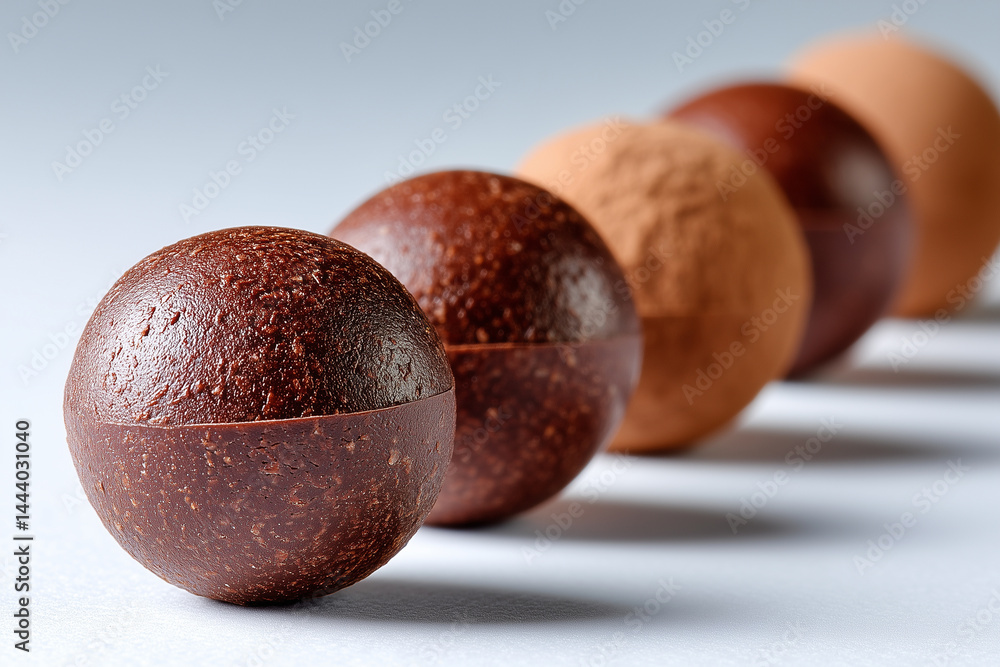 Poster colorful chocolate spheres display intricate textures in a linear arrangement. soft light highlights
