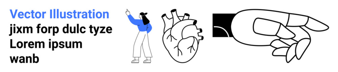 Woman in blue pointing hand upward, anatomical heart outline, robotic hand sketch. Ideal for innovation, healthcare, future technology, education, human-machine interaction, anatomy simple landing