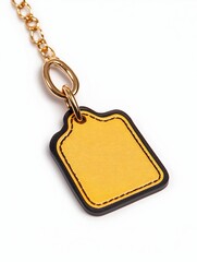 Fototapeta premium Mustard yellow leather tag with black trim, attached to a gold chain
