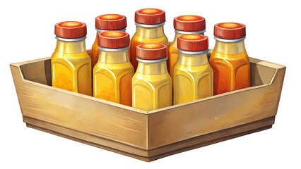 A Wooden Box Filled with Bottles of Golden Liquid with Orange Caps