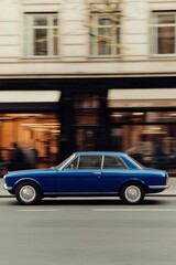 Classic blue car on city street