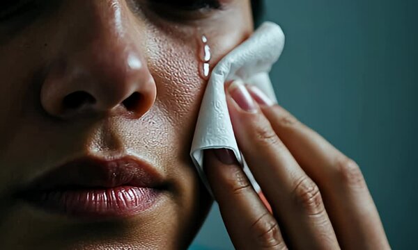 Close-up of a person wiping tears from their face with a tissue