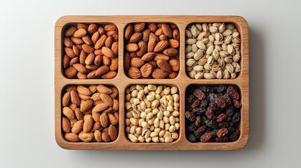 Assorted Nuts and Dried Fruits in Wooden Tray Displayed for Healthy Snack Options and Culinary Uses