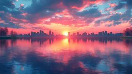 Vibrant sunset over calm lake reflecting city skyline.