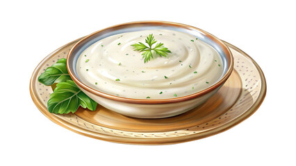 Creamy garlic sauce, with a touch of fresh herbs and rustic plating