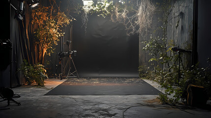 A black studio backdrop, illuminated by soft white lighting, sets the stage for professional stock photography. [Mechanical Forests] | Velvet Bark | soft steel. Illustration