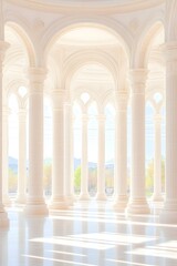 Sunlit classical rotunda with white columns, arches, and a scenic view